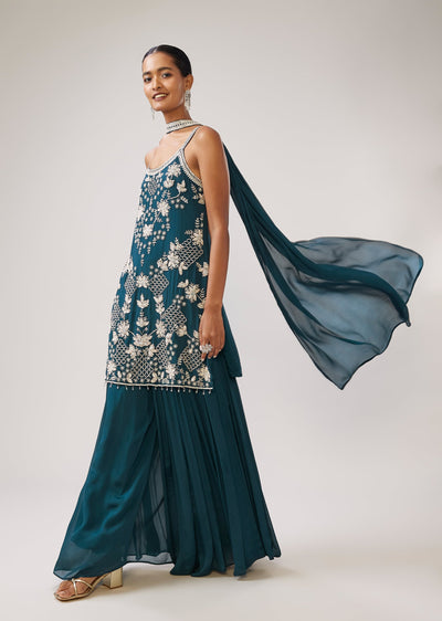 Peacock Blue Sequin Strap Kurta Palazzo Set With Dupatta