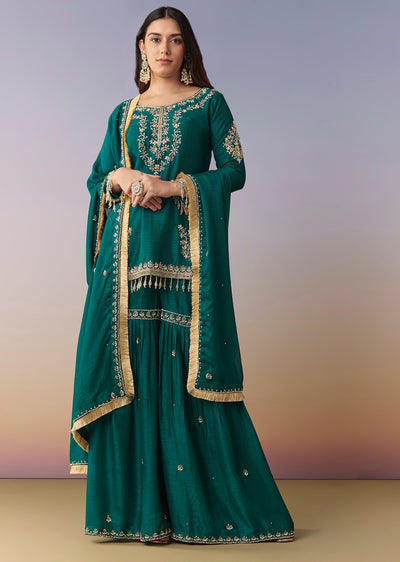 Peacock Blue Zardosi Sharara Suit Set With Dupatta