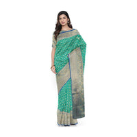 Peacock green banarasi silk saree with blue border only on Kalki