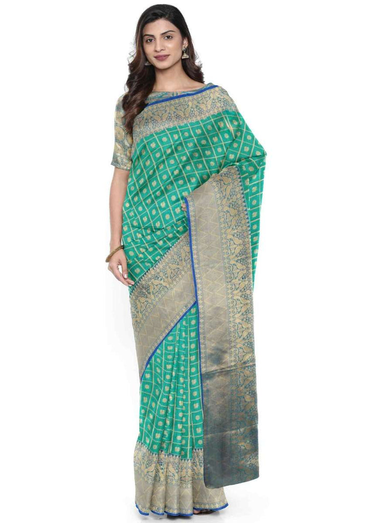 Peacock green banarasi silk saree with blue border only on Kalki