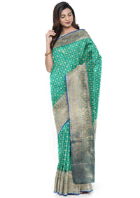 Peacock green banarasi silk saree with blue border only on Kalki