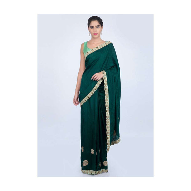 Peacock green dupion silk saree with embroidered butti and border only on kalki