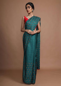 Peacock Green Saree In Silk With Resham Embroidered Floral Buttis