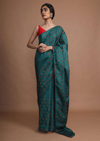 Peacock Green Saree In Silk With Resham Embroidered Floral Buttis