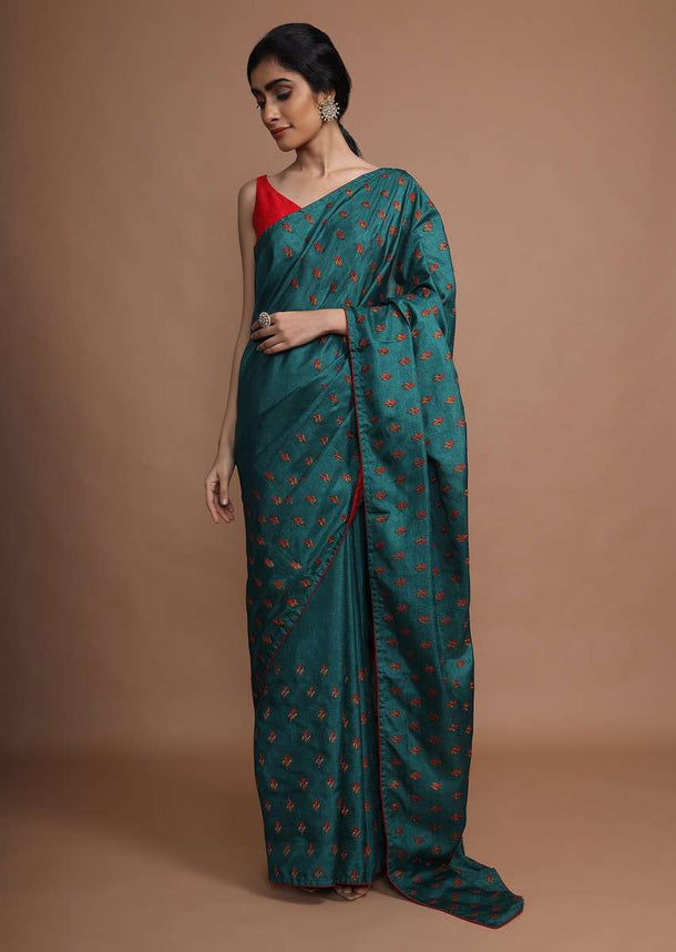 Peacock Green Saree In Silk With Resham Embroidered Floral Buttis