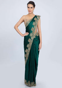 Peacock green satin saree with cut dana floral embroidered border only on Kalki