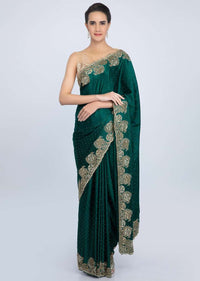 Peacock green satin saree with cut dana floral embroidered border only on Kalki