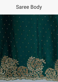Peacock green satin saree with cut dana floral embroidered border only on Kalki