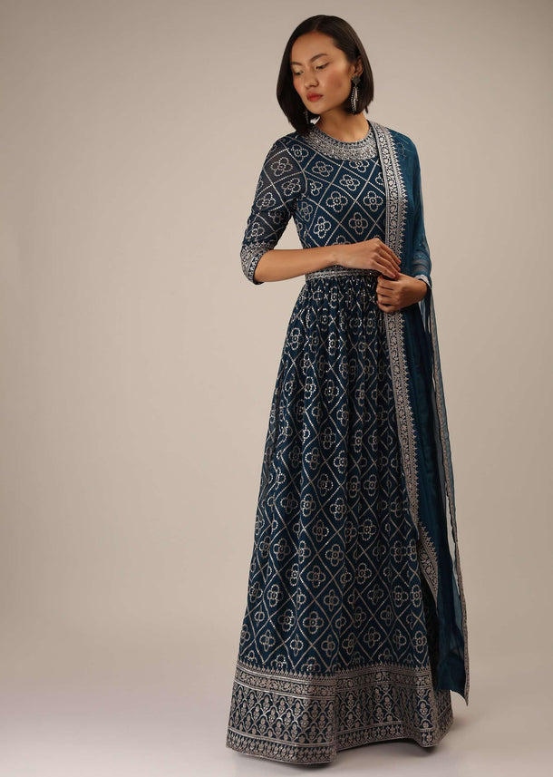 Peacock Blue Anarkali Suit In Georgette With Zari And Sequins Embroidered Jaal And Three Quarter Sleeves