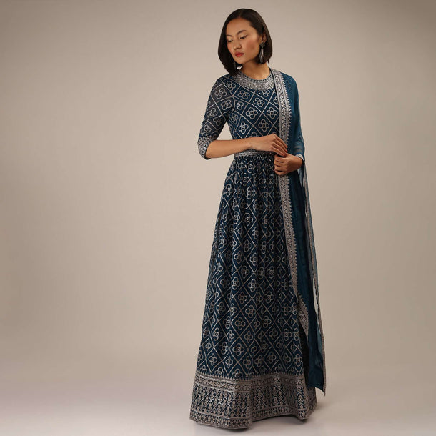 Peacock Blue Anarkali Suit In Georgette With Zari And Sequins Embroidered Jaal And Three Quarter Sleeves