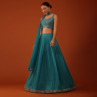 Peacock Blue Bandhani Printed Lehenga And Blouse Set In Georgette