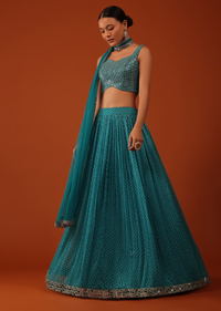 Peacock Blue Bandhani Printed Lehenga And Blouse Set In Georgette