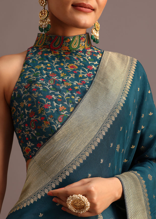 Peacock Blue Dola Silk Bandhani Saree With Meenakari Border Pallu And Unstitched Blouse