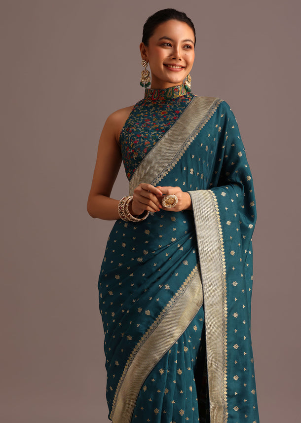 Peacock Blue Dola Silk Bandhani Saree With Meenakari Border Pallu And Unstitched Blouse