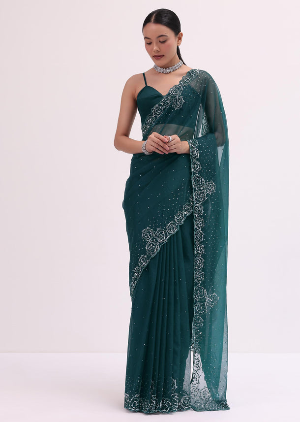 Peacock Blue Embroidered Saree With Unstitched Blouse