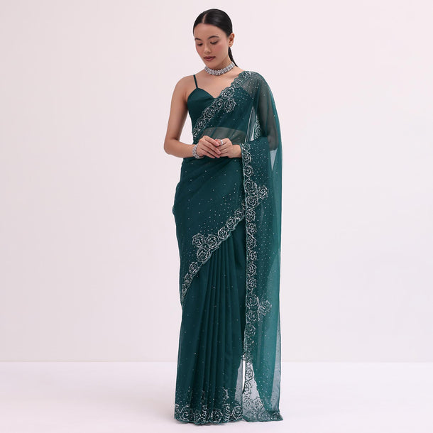 Peacock Blue Embroidered Saree With Unstitched Blouse