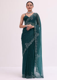 Peacock Blue Embroidered Saree With Unstitched Blouse