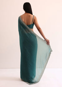 Peacock Blue Organza Saree With Cut Dana Embroidery And Unstitched Blouse