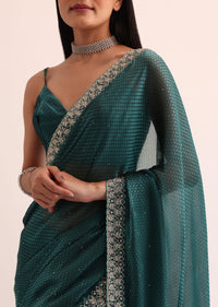 Peacock Blue Organza Saree With Cut Dana Embroidery And Unstitched Blouse