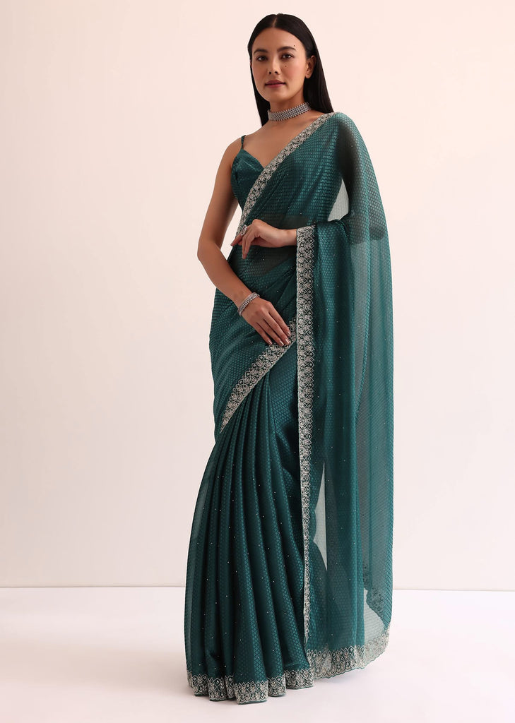 Peacock Blue Organza Saree With Cut Dana Embroidery And Unstitched Blouse