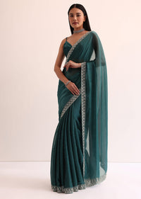 Peacock Blue Organza Saree With Cut Dana Embroidery And Unstitched Blouse