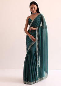 Peacock Blue Organza Saree With Cut Dana Embroidery And Unstitched Blouse