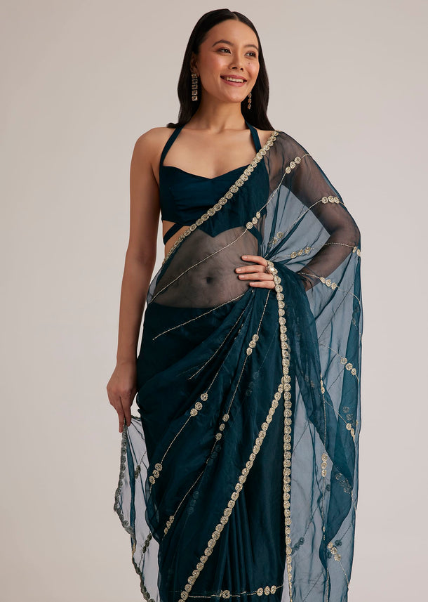 Peacock Blue Organza Saree With Cutdana Embroidery