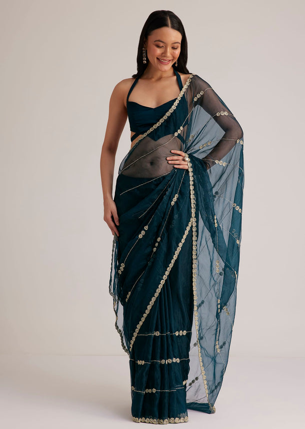 Peacock Blue Organza Saree With Cutdana Embroidery