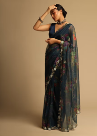 Peacock Blue Saree In Organza With Floral Print All Over And Moti Embroidered Border Along With Unstitched Blouse