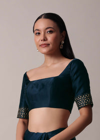 Peacock Blue Saree In Satin With Embellishments And Unstitched Blouse Piece