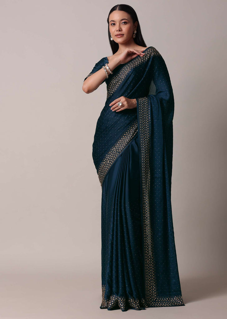 Peacock Blue Saree In Satin With Embellishments And Unstitched Blouse Piece