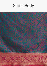 Peacock Blue Silk Saree With Constrat Border Pallu
