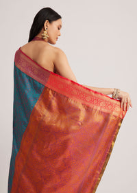 Peacock Blue Silk Saree With Constrat Border Pallu