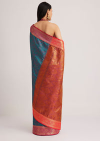 Peacock Blue Silk Saree With Constrat Border Pallu