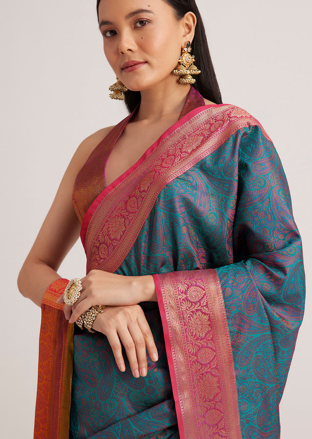 Peacock Blue Silk Saree With Constrat Border Pallu