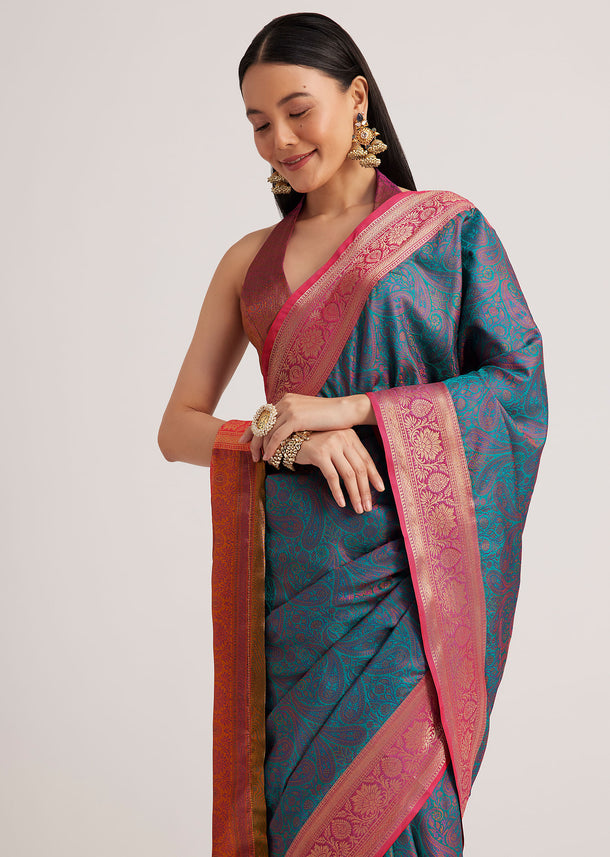 Peacock Blue Silk Saree With Constrat Border Pallu