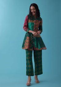 Peacock Green Printed Co-ord Set With Peplum Top In Silk - RE By Kalki