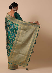 Peacock Green Banarasi Silk Saree With Rangkart Weave And Unstitched Blouse Piece