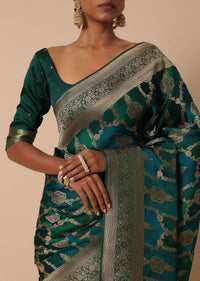 Peacock Green Banarasi Silk Saree With Rangkart Weave And Unstitched Blouse Piece