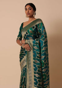 Peacock Green Banarasi Silk Saree With Rangkart Weave And Unstitched Blouse Piece