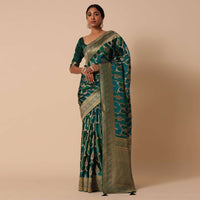 Peacock Green Banarasi Silk Saree With Rangkart Weave And Unstitched Blouse Piece