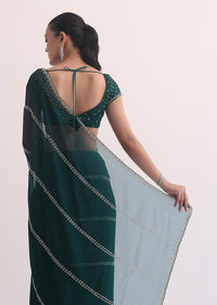 Peacock Green Chiffon Saree In Cut Dana Embroidery With Unstitched Blouse