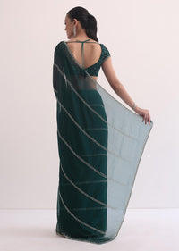 Peacock Green Chiffon Saree In Cut Dana Embroidery With Unstitched Blouse
