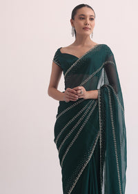 Peacock Green Chiffon Saree In Cut Dana Embroidery With Unstitched Blouse