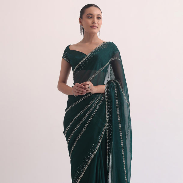 Peacock Green Chiffon Saree In Cut Dana Embroidery With Unstitched Blouse