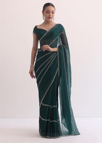 Peacock Green Chiffon Saree In Cut Dana Embroidery With Unstitched Blouse