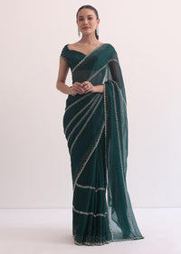 Peacock Green Chiffon Saree In Cut Dana Embroidery With Unstitched Blouse