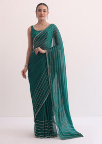 Peacock Green Chiffon Saree In Cutdana Embroidery With Unstitched Blouse