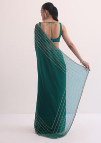Peacock Green Chiffon Saree In Cutdana Embroidery With Unstitched Blouse