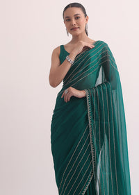 Peacock Green Chiffon Saree In Cutdana Embroidery With Unstitched Blouse